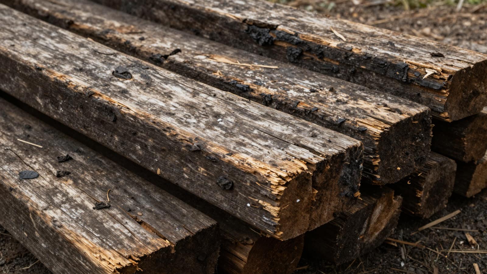 Alte Bahnschwellen aus Holz mit rissiger, teerdunkler Oberflaeche im Freien gestapelt