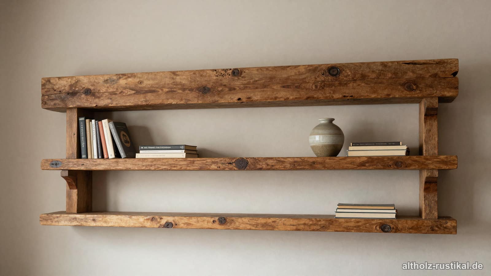 Massives Altholzregal aus alten Eichenbalken an einer Wohnzimmerwand mit Büchern und Deko